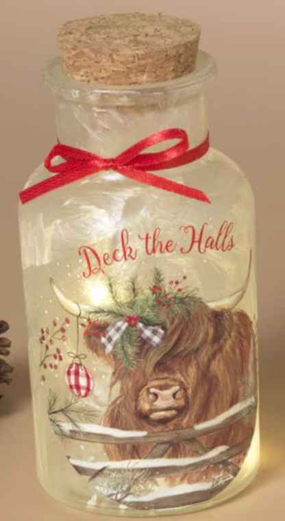 PREORDER ONLY 5.3"H B/O Lighted Frosted Glass Highland Cow Design Bottle SOLD INDIVIDUALLY