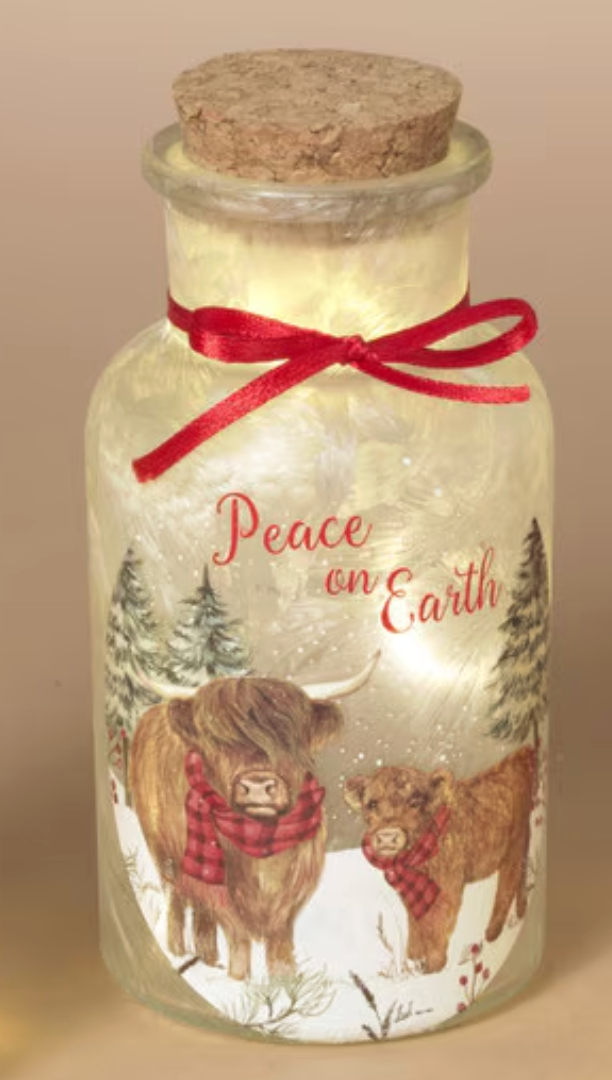 PREORDER ONLY 5.3"H B/O Lighted Frosted Glass Highland Cow Design Bottle SOLD INDIVIDUALLY