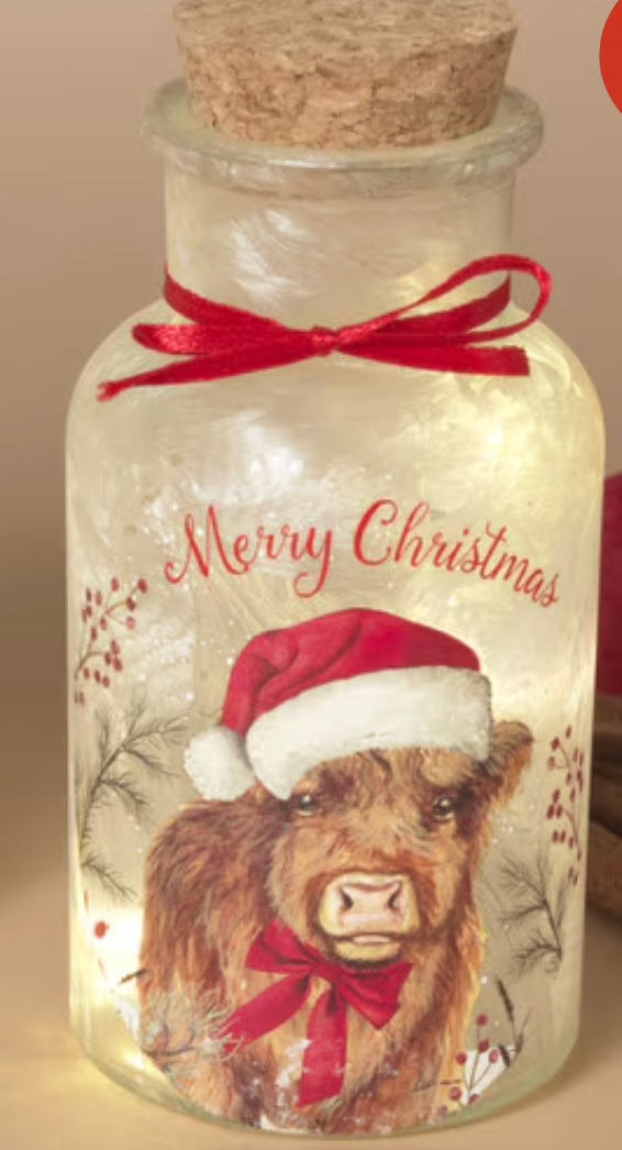 PREORDER ONLY 5.3"H B/O Lighted Frosted Glass Highland Cow Design Bottle SOLD INDIVIDUALLY