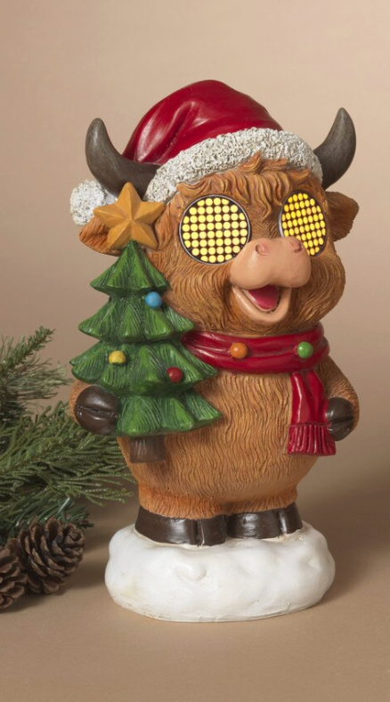 PREORDER ONLY 10.2"H B/O Lighted Resin Holiday Highland Cow w/ Moving Eyes & Timer SOLD INDIVIDUALLY