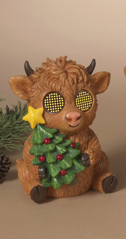 PREORDER ONLY 6.9"H B/O Lighted Resin Holiday Highland Cow w/ Moving Eyes & Timer SOLD INDIVIDUALLY