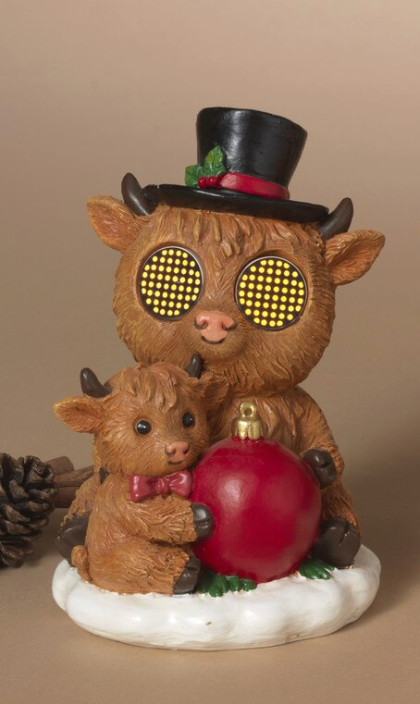 PREORDER ONLY 6.5"H B/O Lighted Resin Holiday Highland Cows w/ Moving Eyes & Timer SOLD INDIVIDUALLY
