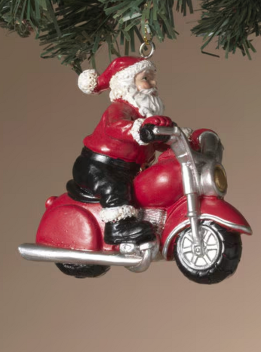 PREORDER ONLY 3.15"H Resin Holiday Santa Riding a Motorcycle Ornament SOLD INDIVIDUALLY