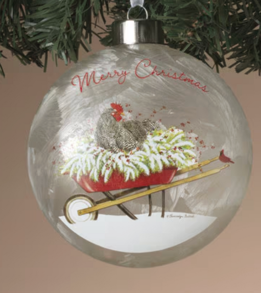 PREORDER ONLY 4.1"H Frosted Glass Holiday Farm Design Ornament SOLD INDIVIDUALLY