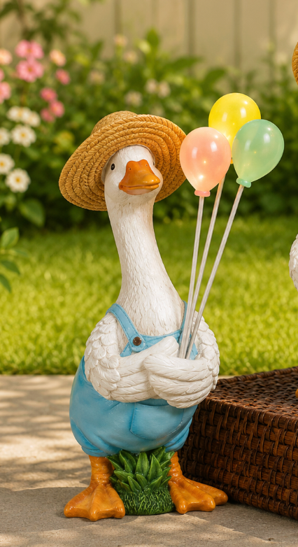 PREORDER ONLY  9.6"H Solar Lighted Resin Duck with Balloons SOLD INDIVIDUALLY