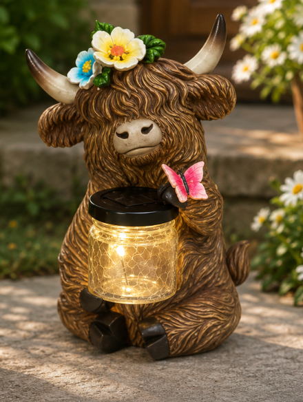 PREORDER ONLY   7.48"H Solar Lighted Resin Highland Cow w/ Glass Jar SOLD INDIVIDUALLY