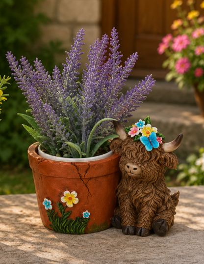 PREORDER ONLY. 6.3"L Resin Highland Cow w/ Planter SOLD INDIVIDUALLY